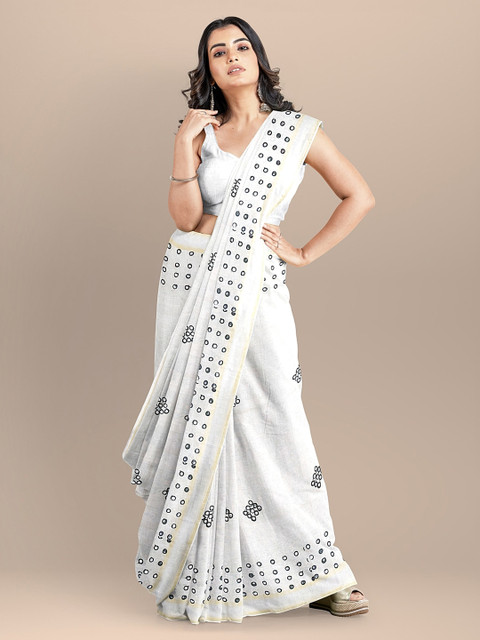 

BharatSthali White Color Pure Linen Woven Design Handloom Saree