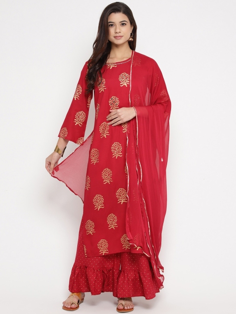 

Prakhya Women Red Woven Design Kurta with Sharara & Dupatta