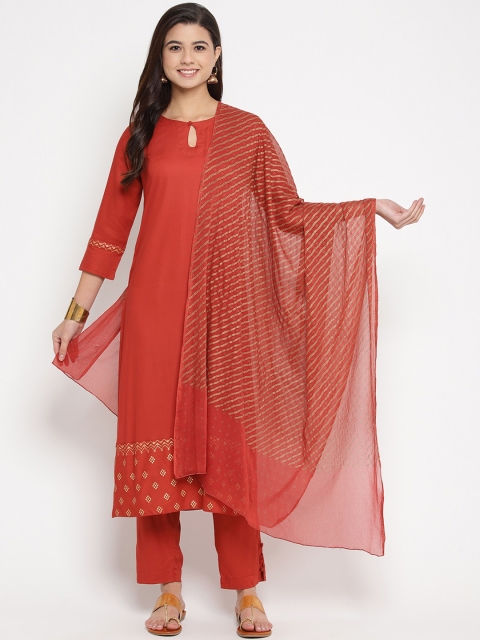 

Prakhya Women Red Solid Kurta with Trousers & Dupatta