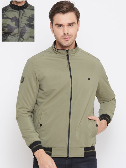 

Okane Men Olive Green Camouflage Print Reversible Padded Jacket