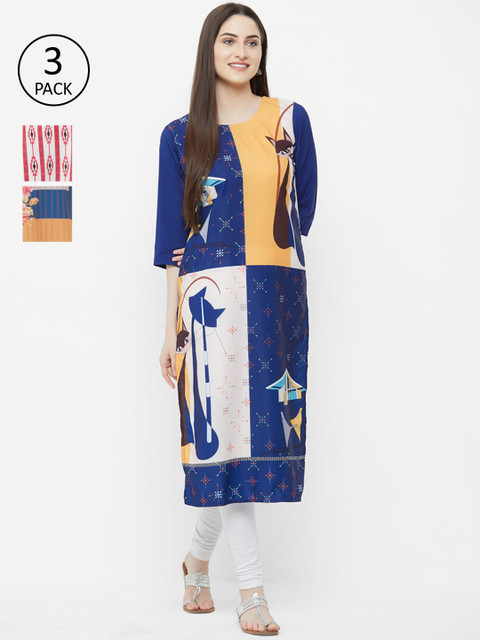 

7Threads Women Pack of 3 Printed Straight Kurta, Multi
