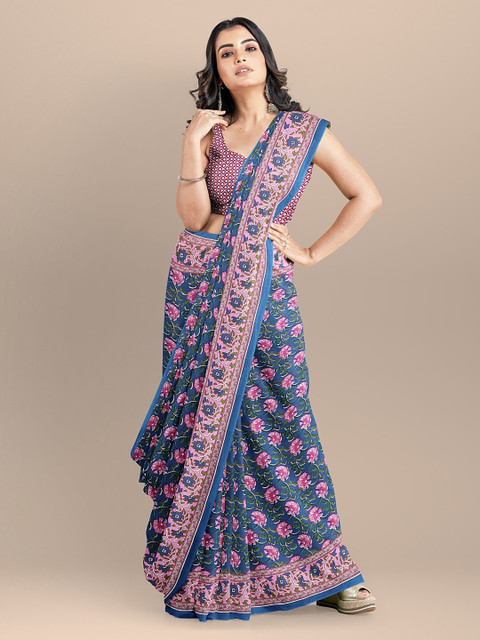 

BharatSthali Blue & Pink Pure Cotton Printed Handloom Bagru Sustainable Saree
