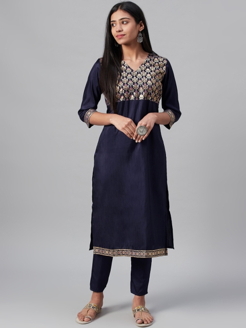 

ZIYAA Women Navy Blue Yoke Design Straight Kurta