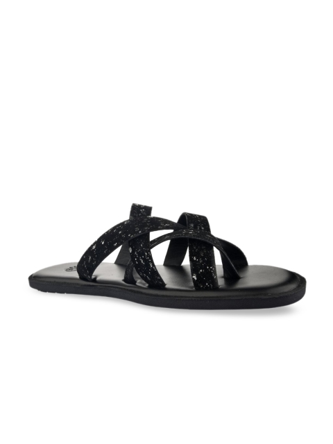 

SKO Men Black Embellished Leather Comfort Sandals