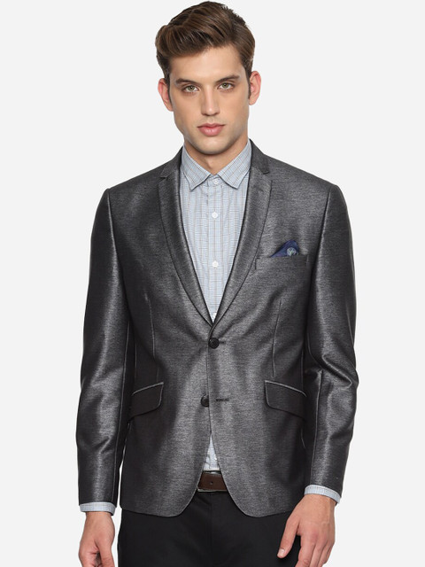 

V Dot Men Grey Solid Single-Breasted Slim-Fit Blazer