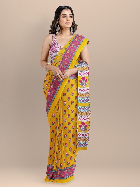 

BharatSthali Yellow Pure Cotton Printed Bagru Sustainable Saree