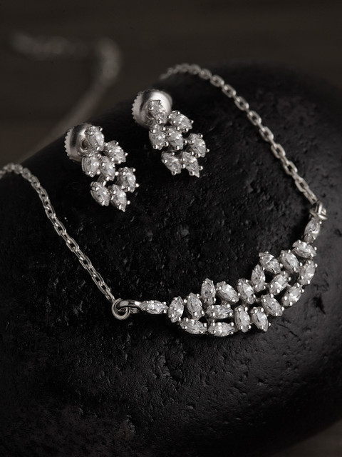 

Clara 92.5 Sterling Silver Rhodium-Plated & White CZ Studded Daisy Pendant & Earring Set