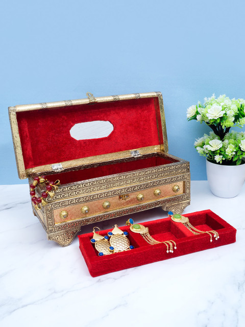 

Golden Peacock Gold-Toned & Red Handcrafted Wooden Velvet Jewellery Box