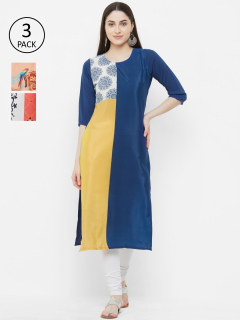

7Threads Women Pack Of 3 Multicoloured Colourblocked Straight Kurta, White