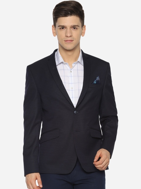 

V Dot Men Navy Blue Self Design Single-Breasted Slim-Fit Blazer