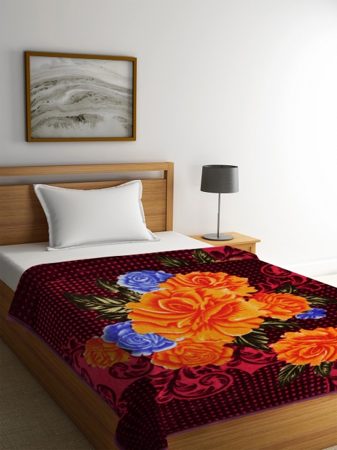 

NEUDIS Unisex Maroon & Black Floral Printed Heavy Winter Single Blanket