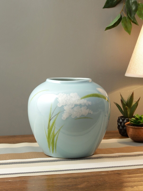 

TAYHAA Turquoise Blue & White Hand-Painted Glazed Ceramic Flower Vase