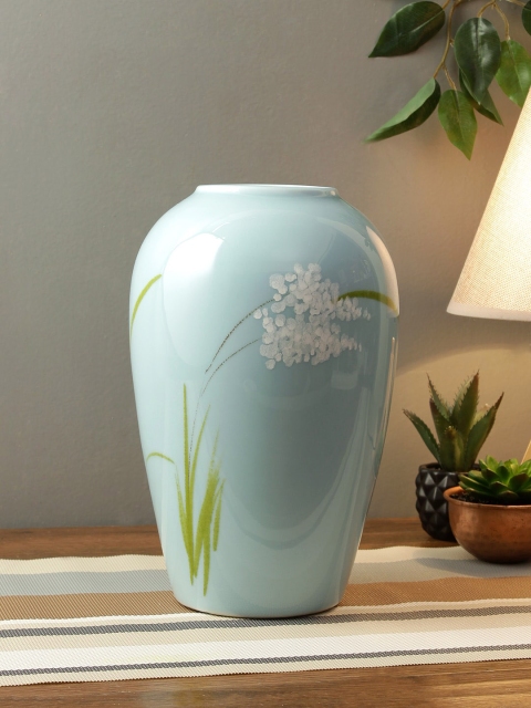 

TAYHAA Turquoise Blue & White Hand-Painted Glazed Ceramic Flower Vase