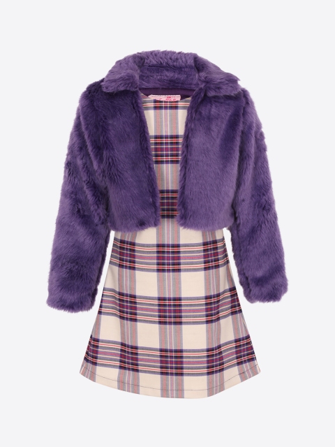

CUTECUMBER Girls Cream-Coloured Checked A-Line Dress with Shrug