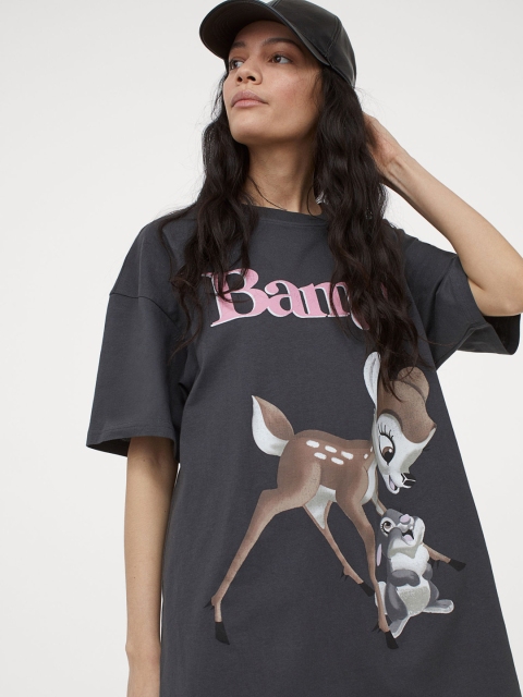 

H&M Women Grey & Brown Bambi Printed Oversized Motif-Detail T-shirt