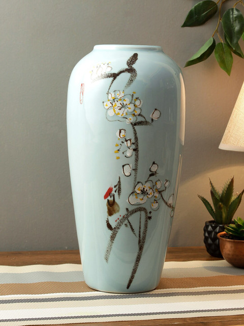 

TAYHAA Turquoise Blue & White Hand-Painted Glazed Ceramic Flower Vase