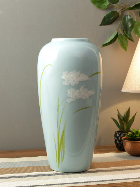 

TAYHAA Turquoise Blue & White Printed Hand Painted Flower Vase