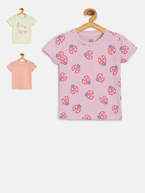 

MINI KLUB Girls Pack Of 3 Printed Pure Cotton Top, Pink