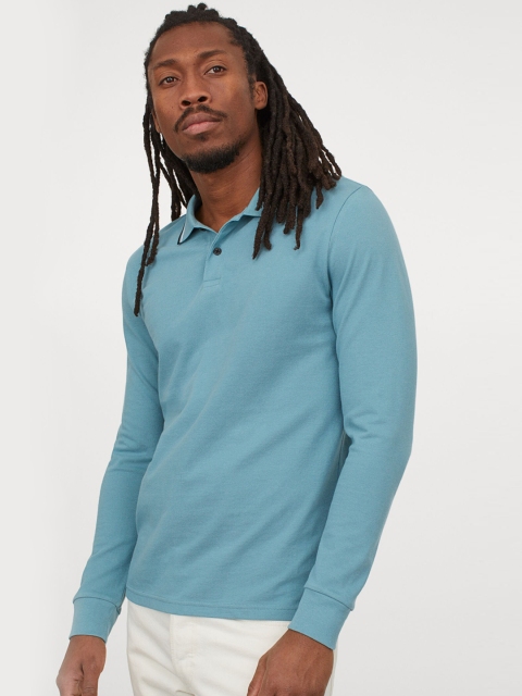

H&M Men Turquoise Blue Solid Cotton Polo T-shirt