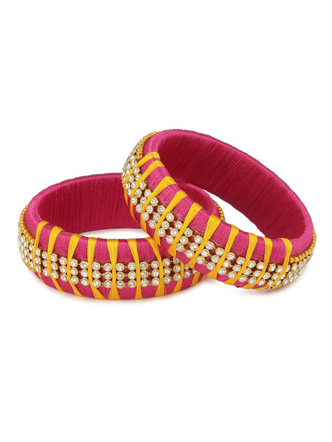 

AKSHARA Girls Magenta Pink & Yellow Set of 2 Stone-Studded Handcrafted Bangles