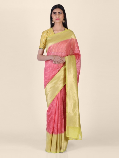 

Shruti and Mangaaysh Pink & Yellow Silk Blend Checked Banarasi Handloom Saree