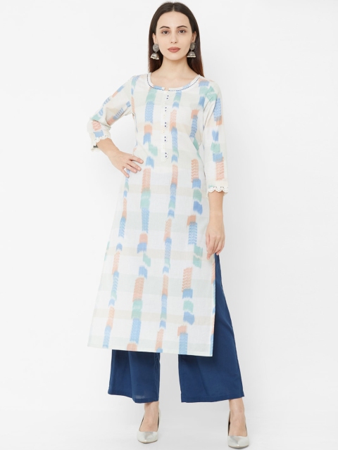 

Os Women Off-White & Blue Printed A-Line Kurta