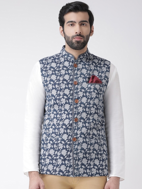 

Vartah Men Blue & Grey Printed Nehru Jacket