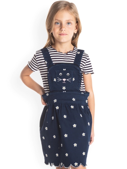 Cherry Crumble Girls Navy Blue Embroidered Pinafore Dress