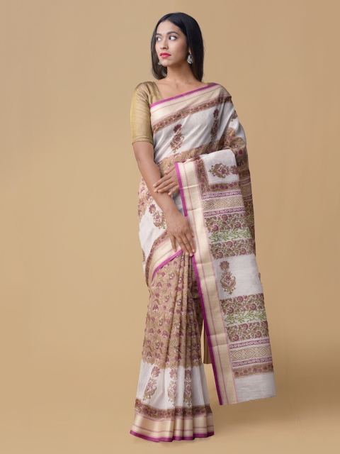 

Unnati Silks Brown Cotton Blend Printed Chanderi Saree