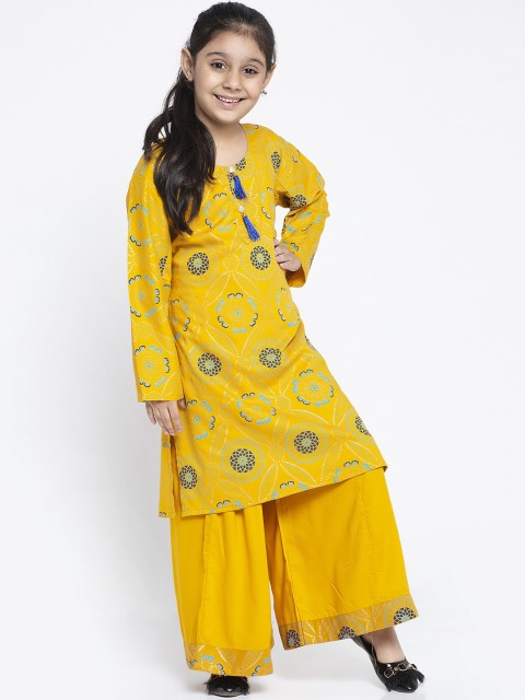 

Baani Creations Girls Mustard Yellow Printed Kurta with Palazzos