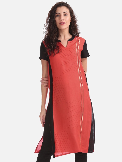

Karigari Women Coral Red & Black Striped Straight Kurta