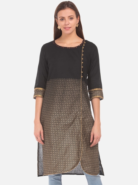 

Karigari Women Black & Gold-Coloured Foil Printed Straight Kurta