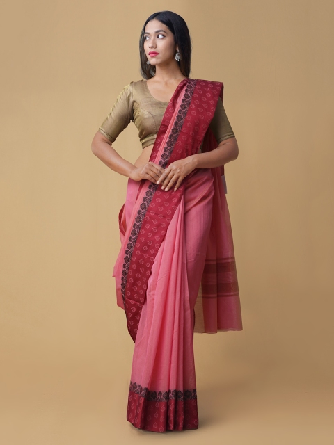 

Unnati Silks Pink Silk Cotton Striped Handloom Banarasi Saree