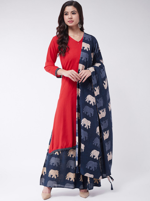 

InWeave Women Red & Blue Solid Kurta with Palazzos & Dupatta