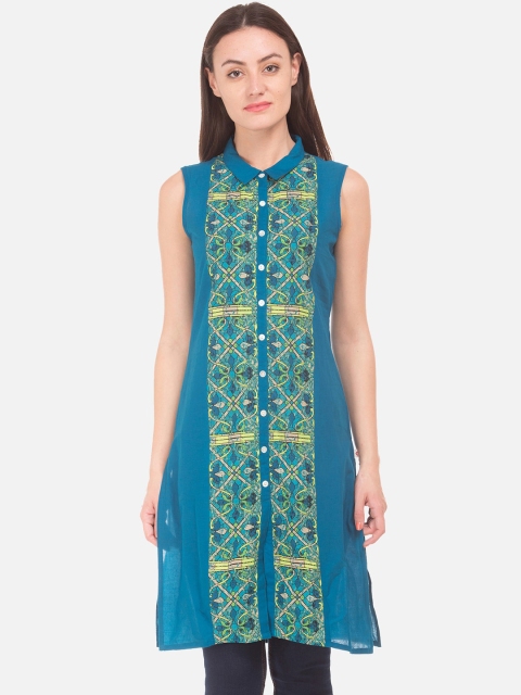 

Karigari Women Teal Blue & Green Printed Straight Kurta