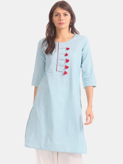 Karigari Women Blue Striped A-Line Kurta