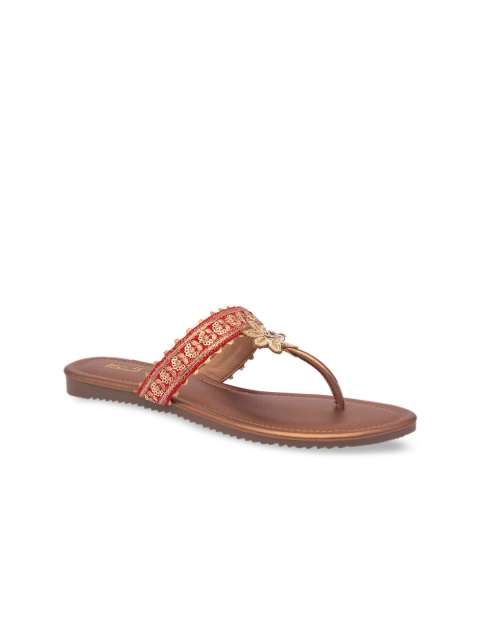 

Inc 5 Women Gold-Toned Woven Design T-Strap Flats