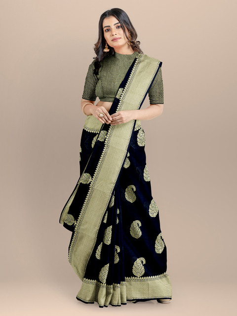 

BharatSthali Black & Gold-Coloured Silk Cotton Woven Design Handloom Banarasi Saree
