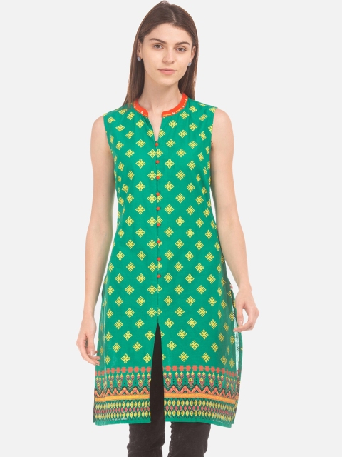 

Karigari Women Green & Yellow Printed Straight Kurta