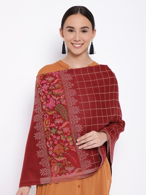 

Pashmoda Women Red & White Checked Woolen Kaani Shawl