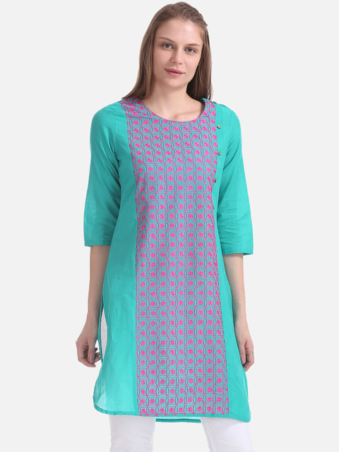 

Karigari Women Turquoise Blue & Pink Woven Design Straight Kurta