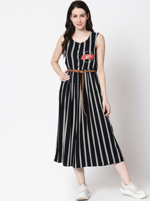 TERQUOIS Women Black Striped A-Line Dress