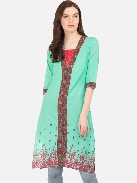 

Karigari Women Green & Red Printed A-Line Kurta