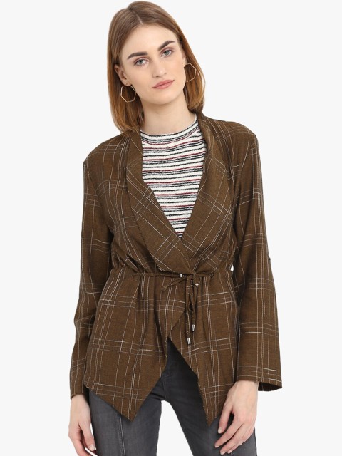 

FOSH Women Brown & White Checked Open-Front Waist Tie-Up Pure Cotton Shrug