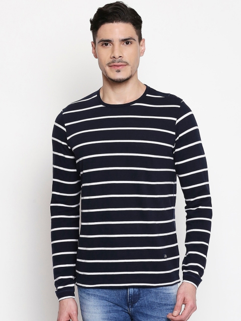 

Mufti Men Navy Blue White Striped Round Neck Pure Cotton T-shirt