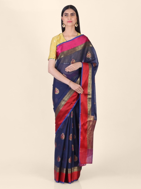 

Shruti and Mangaaysh Navy Blue Silk Blend Printed Banarasi Saree