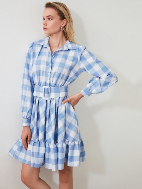 

TRENDYOL COLLECTION Women Blue & White Checked Fit and Flare Dress