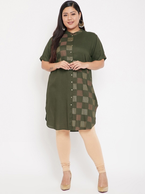 

CHROME & CORAL Women Olive Green & Pink Printed Straight Kurta