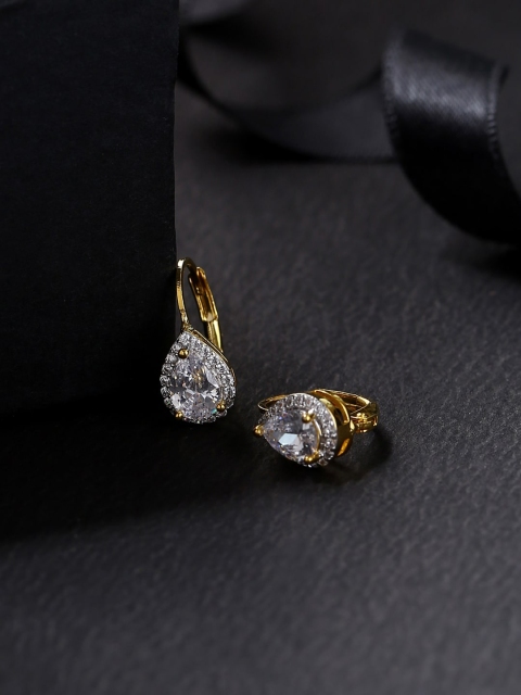 

Voylla Gold-Toned & White Teardrop Shaped Hoop Earrings