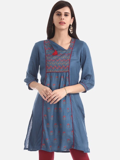

Karigari Women Blue & Red Woven Design A-Line Kurta